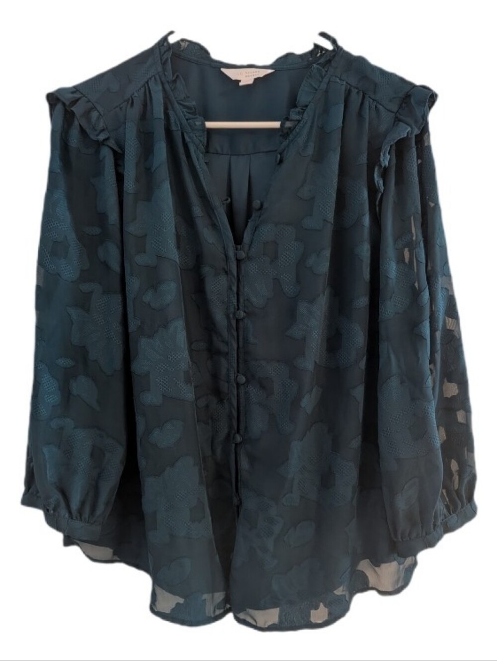 Lauren Conrad Green Floral Button Down Sheer Long Sleeve Blouse XL